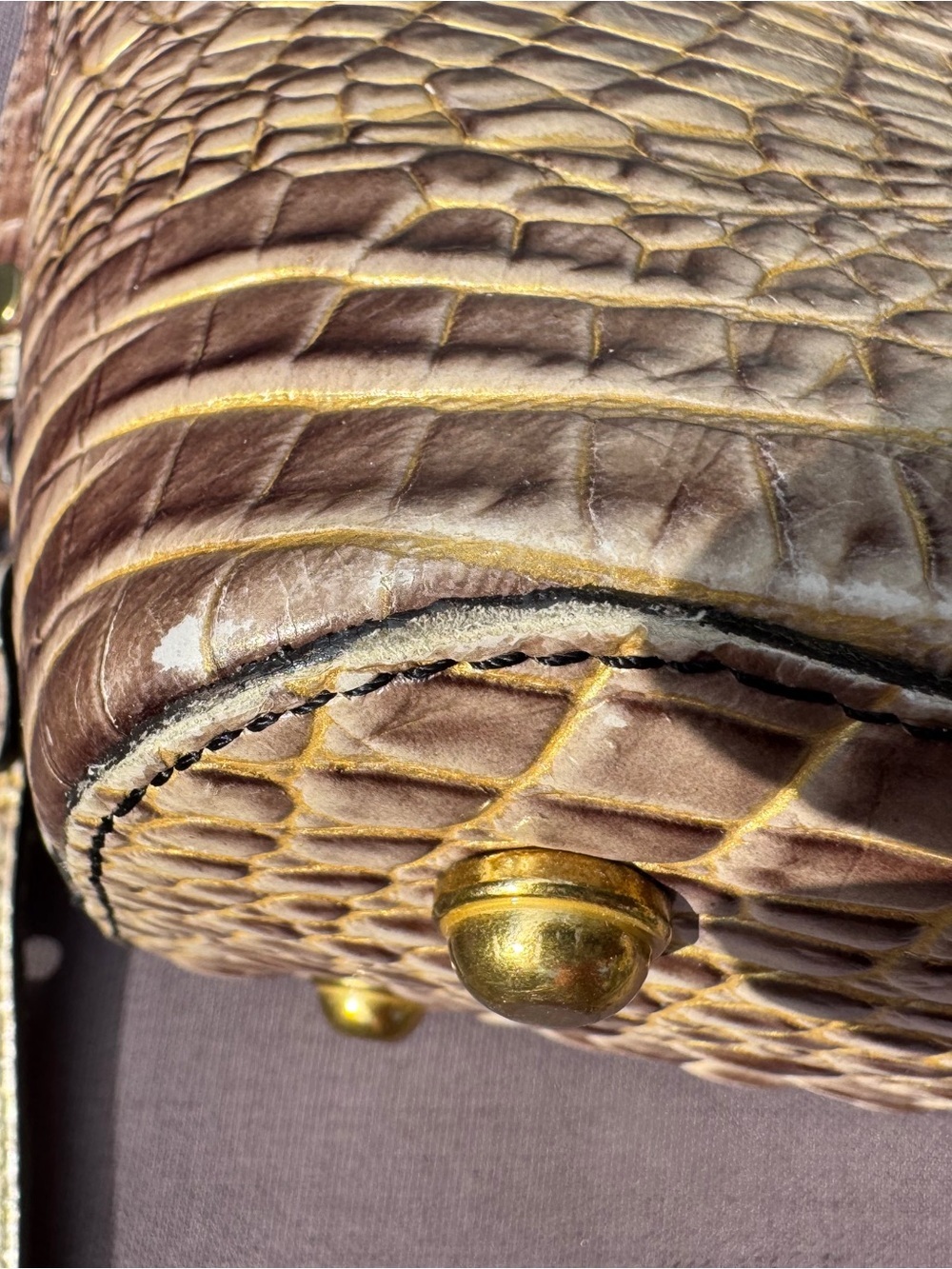 Brahmin Viviani Croc Embossed Leather Satchel Crossbody Brown Cream GUC w/duster - Picture 8 of 15